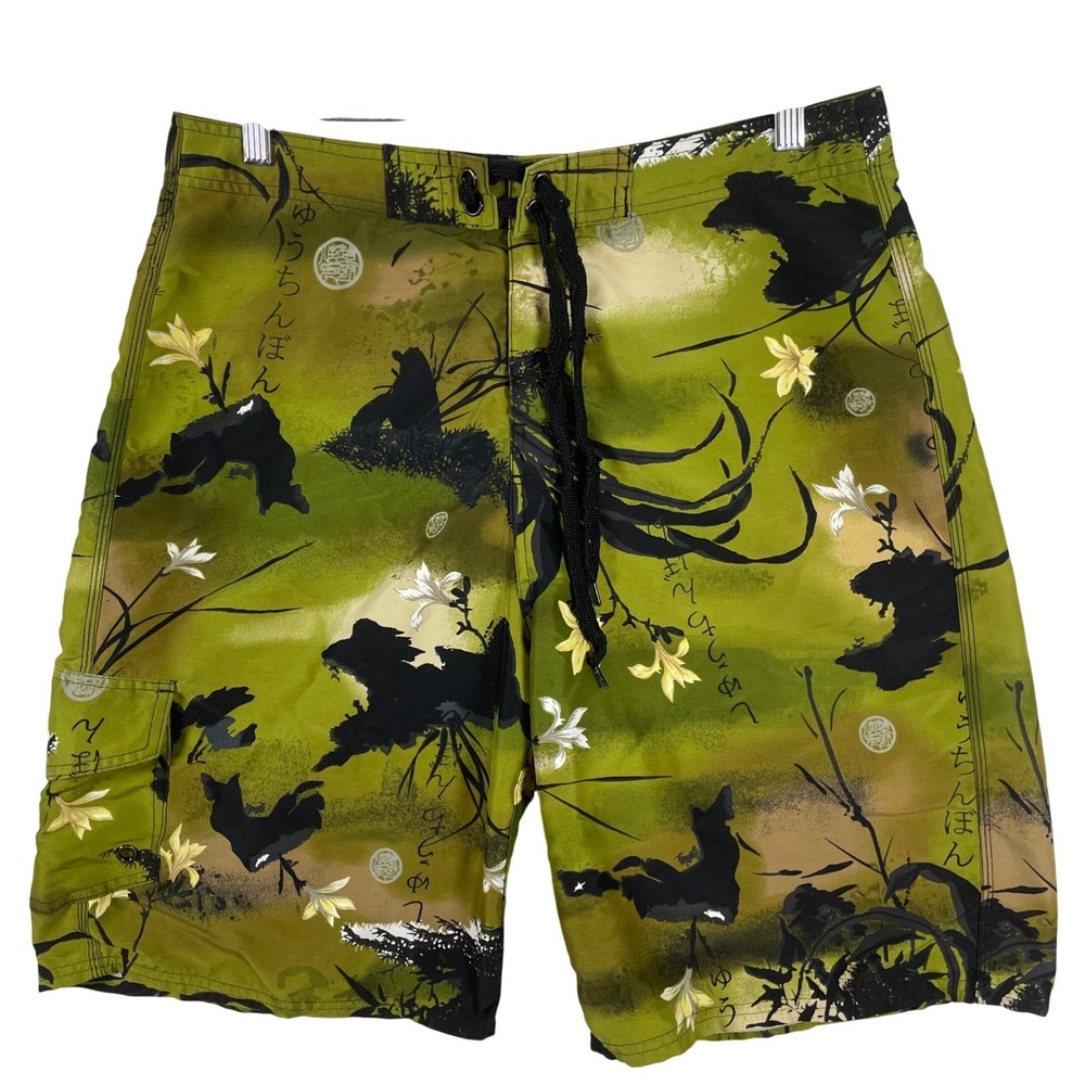 NoBo Mens Board Shorts Green Japanese Floral Calligraphy Swim Trunks M NB17A125